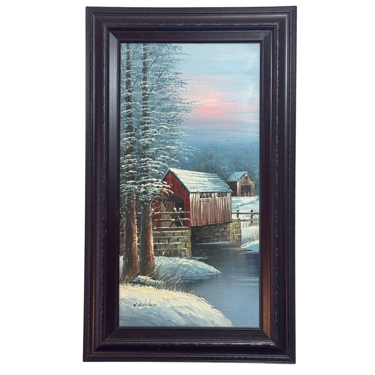 K. Michaelson, Winter Covered Bridge, Oil on Canvas, 1970-1980’s